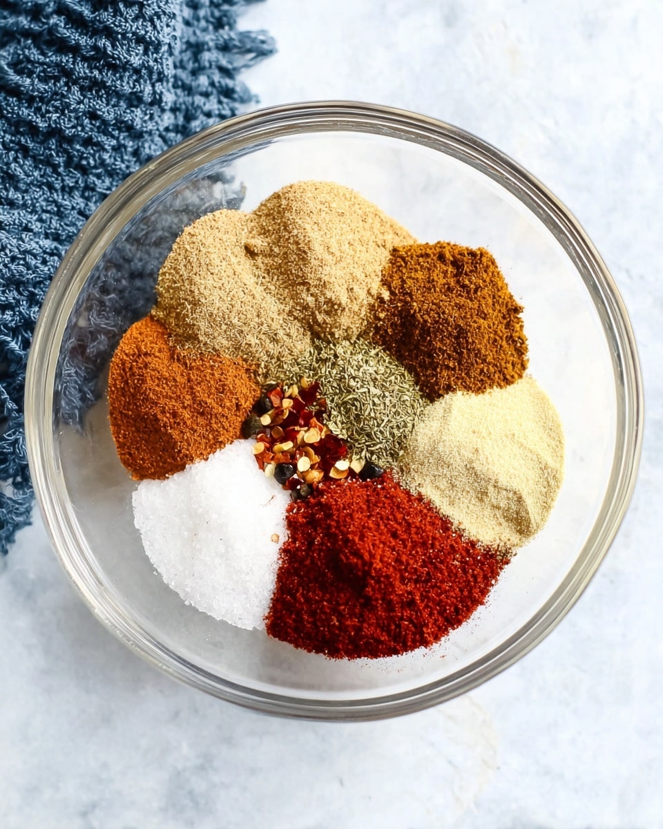 A clear glass bowl sits on a white marbled texture, filled with eight separate piles of spices arranged like petals in a circle. Starting from the top and moving clockwise, the first pile is a light tan, sandy texture, followed by a darker brown powder with a crumbly look. Next is a small heap of dried greenish herbs, then a rusty orange fine powder. Below it are tiny flakes of red chili pepper with seeds showing, next to a mound of coarse white salt with large crystals. Moving upward, there is a deep red powder with a rough texture, then a light beige granular pile, and finally a pale yellow powder completing the circle. The bowls' clear glass rim contrasts softly against the white marbled surface, with a portion of a blue textured cloth visible in the top left corner. photo taken with an iphone --ar 4:5 --v 7