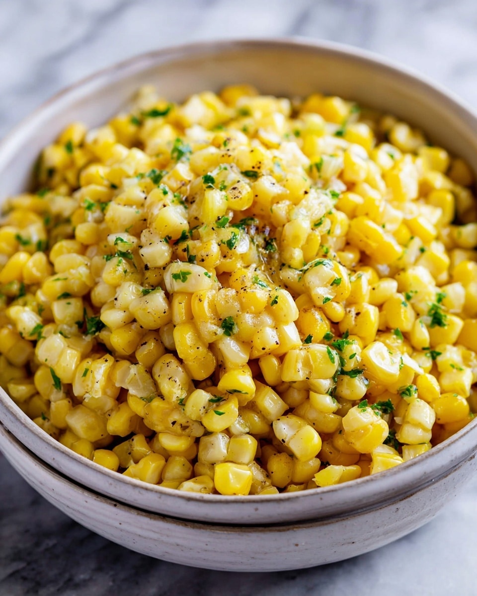 A close-up view of a silver bowl filled with cooked corn kernels mixed with small pieces of green herbs scattered throughout. In the center of the bowl is a small dollop of white butter melting slightly over the yellow corn. The corn kernels look shiny and soft with some black pepper sprinkled on top, adding specks of black color. The background is a white marbled texture. photo taken with an iphone --ar 4:5 --v 7