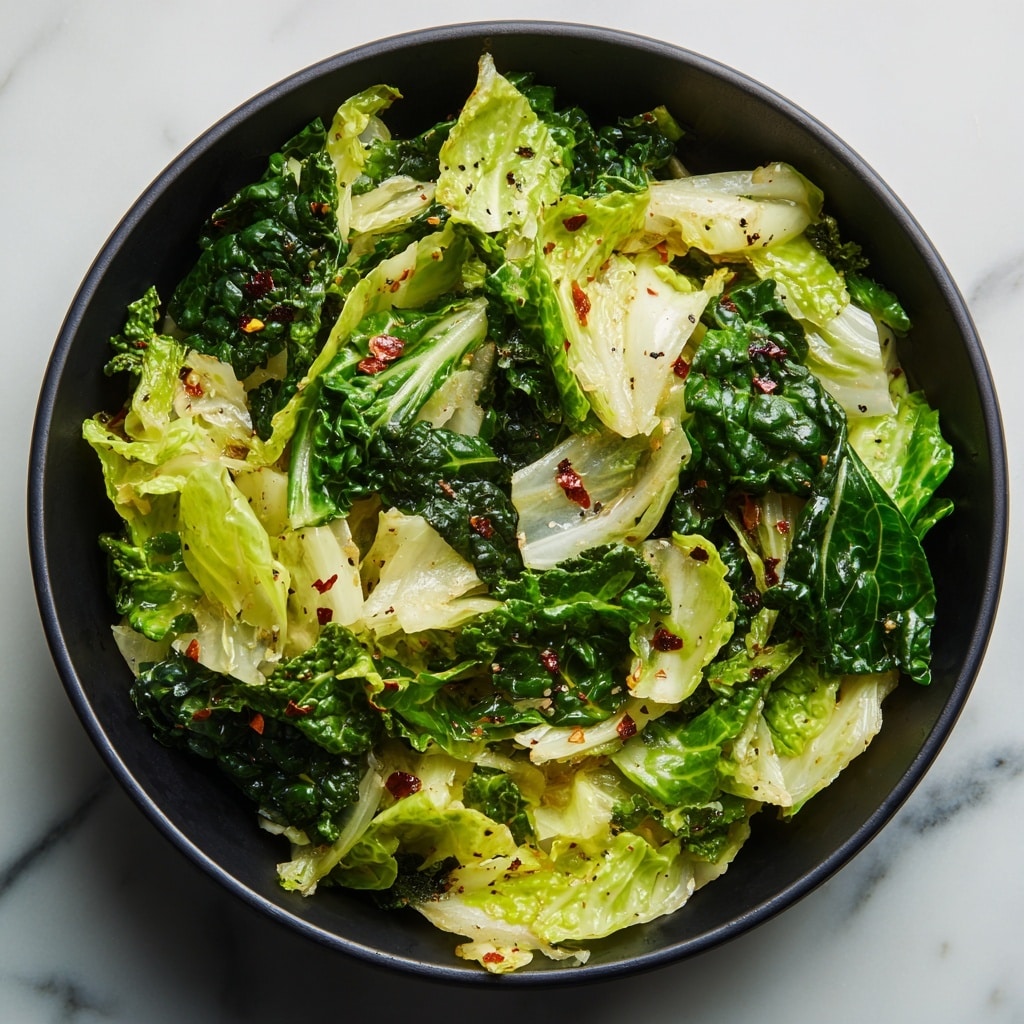 A close-up of cooked leafy greens in a black skillet, showing two main layers: a base layer of soft, light green and translucent wilted cabbage leaves mixed with some darker green, curled kale leaves on top; small bits of red chili flakes and specks of black pepper are sprinkled throughout, adding color contrast and texture; the surface of the greens appears glossy with a light oily shine, and the skillet rests on a white marbled surface. photo taken with an iphone --ar 4:5 --v 7
