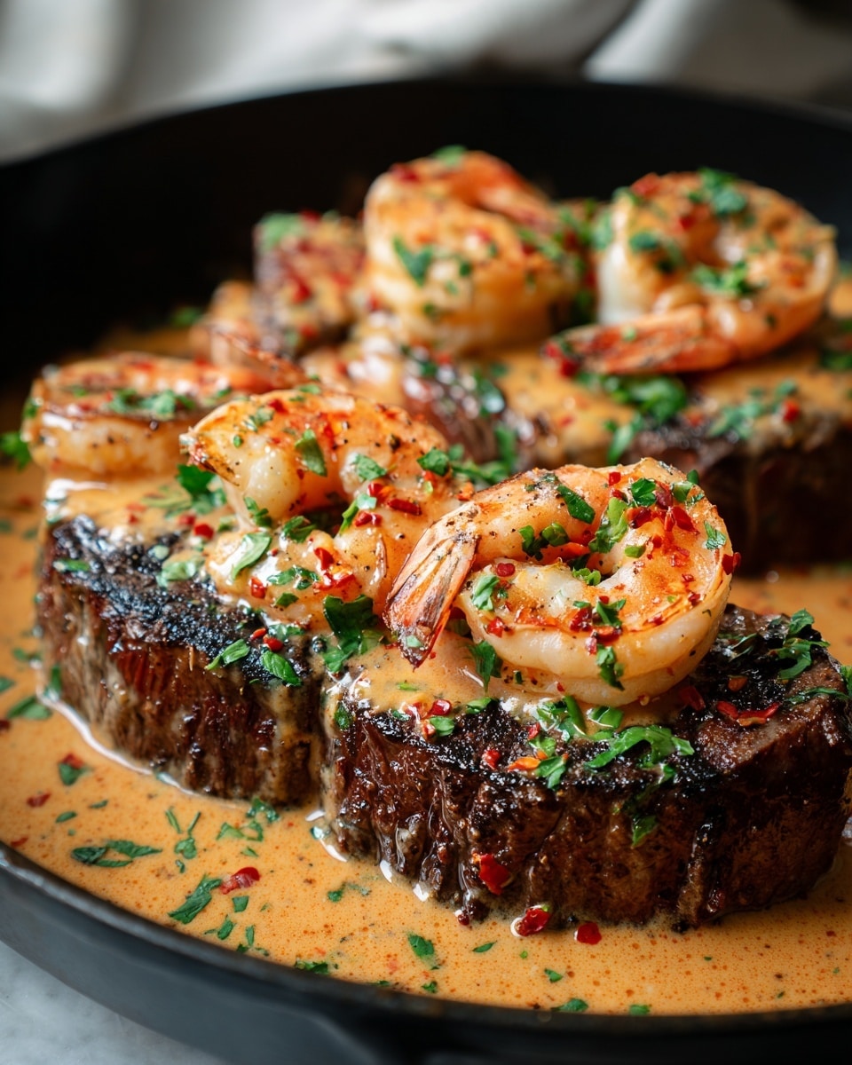 A white plate on a white marbled texture holds a thick cut of grilled steak with visible char marks and a juicy texture. On top of the steak are three plump orange shrimp with a light sear and garnished with small green chive pieces. The steak is covered in a creamy, light brown sauce with green herb flecks that spills slightly on the plate. To the right of the steak is a neat pile of shiny green beans with a fresh look. In the background, blurred fluffy mashed potatoes can be seen. photo taken with an iphone --ar 4:5 --v 7