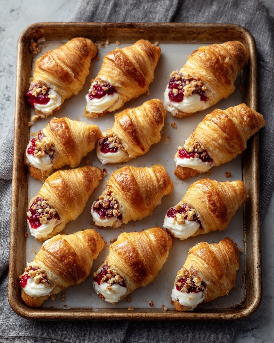 A baking tray holds twelve small golden croissants arranged in neat rows on a white marbled surface. Each croissant is cut open at the top, revealing a filling of creamy white cheese and bright red berry jam, with some bits of crushed nuts sprinkled over. The croissants have a flaky, slightly shiny crust with visible layers. The tray looks slightly worn and rustic, placed over a soft gray cloth. Photo taken with an iphone --ar 4:5 --v 7