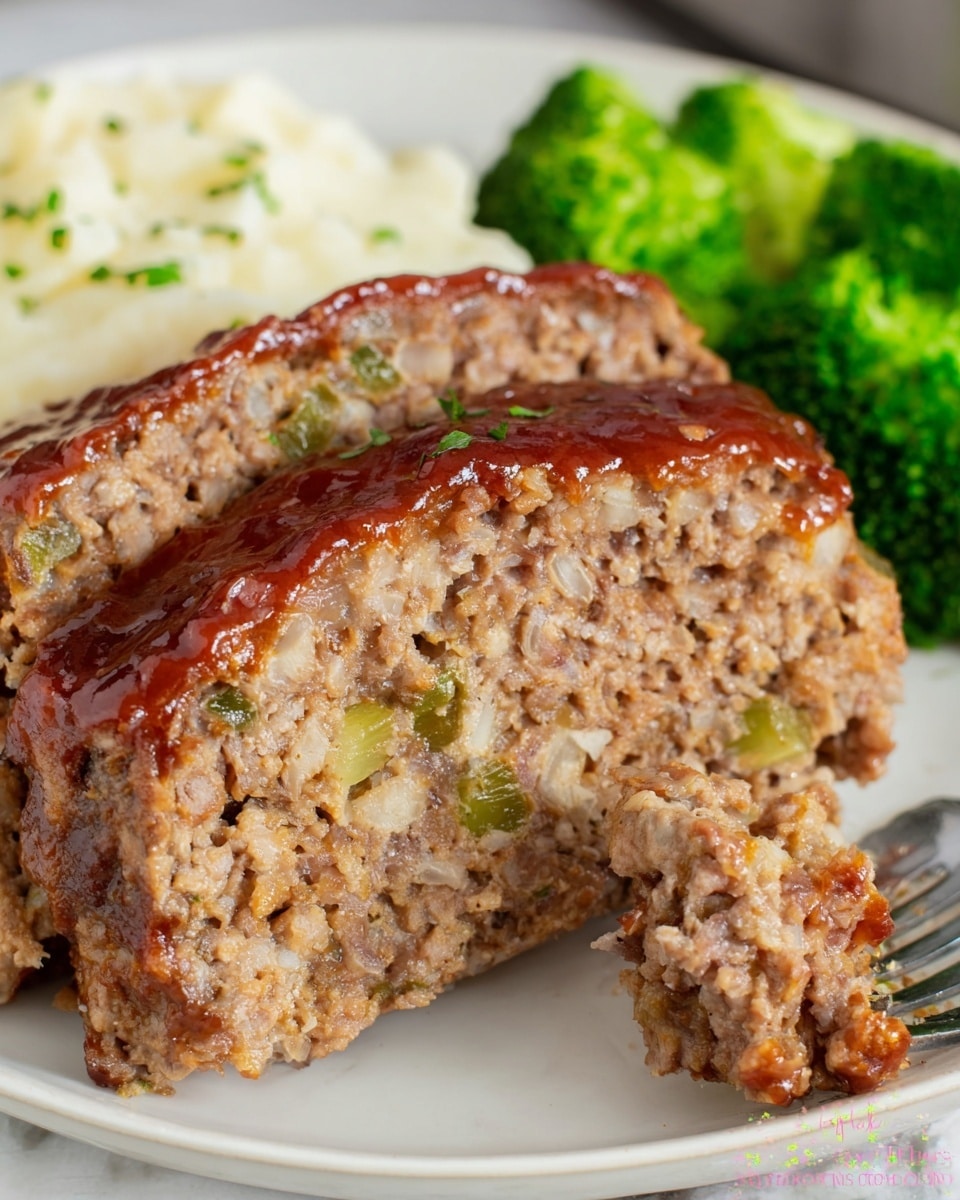 A close-up of two thick slices of meatloaf resting on a white plate with a white marbled texture surface beneath. The meatloaf has three main layers: the base is a coarse, crumbly ground meat mixture with visible bits of green peppers and onions inside, mostly light to dark brown with green and off-white specks; the middle layer is part of the same meat mixture, thick and dense; the top layer is a shiny glaze of reddish-brown sauce spread evenly across, adding a glossy finish. In the background, steamed bright green broccoli and a mound of fluffy white mashed potatoes are visible, all placed on the white plate. At the bottom right, a silver fork holds a small piece of the meatloaf. photo taken with an iphone --ar 4:5 --v 7