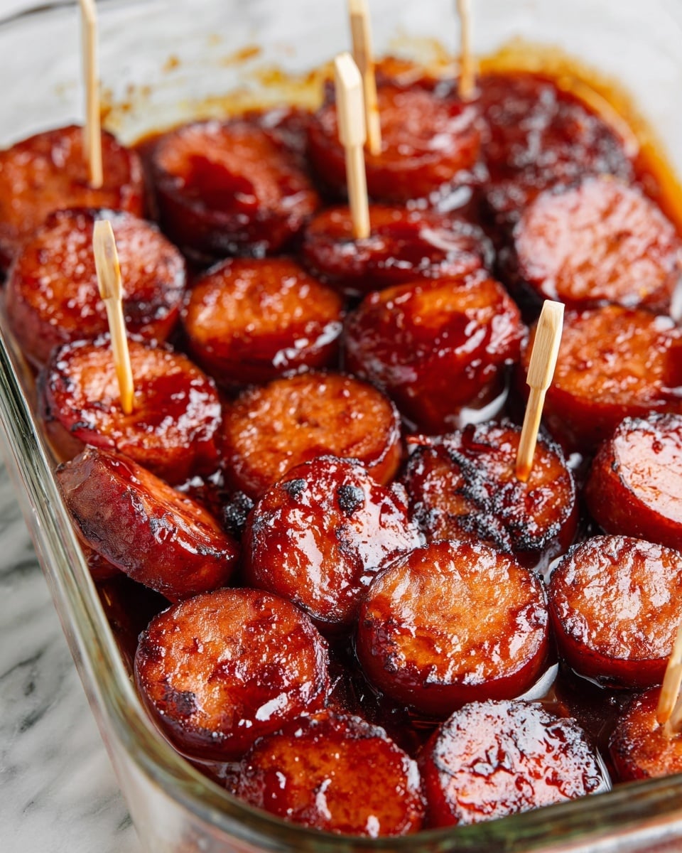 The image shows a close view of several slices of cooked sausage in a clear glass baking dish. Each sausage slice is thick, round, and coated in a shiny, deep reddish-brown glaze, with some areas slightly charred and caramelized. The sausages are arranged in a single layer, with a few wooden toothpicks stuck upright in some pieces. The dish sits on a white marbled texture surface. photo taken with an iphone --ar 4:5 --v 7