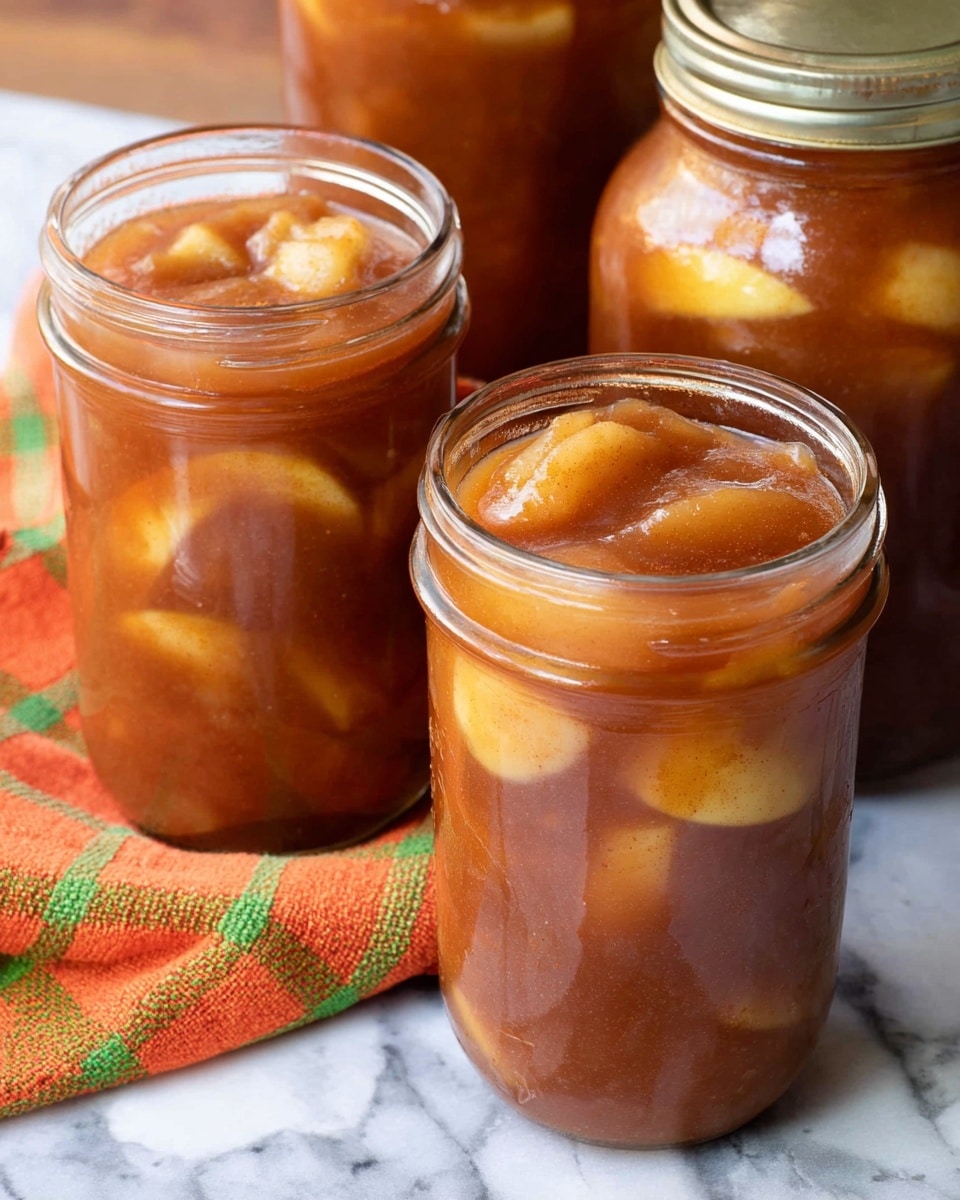 Three clear glass jars filled with a thick, brown cinnamon-spiced sauce containing soft, yellowish apple slices floating throughout; the jars show layers of glossy sauce with chunks of apples visible inside, and one jar in front is open, showing the smooth syrupy texture on top with apple pieces dipped in it; the jars sit on a white marbled textured surface with an orange, green, and yellow checkered cloth nearby. photo taken with an iphone --ar 4:5 --v 7