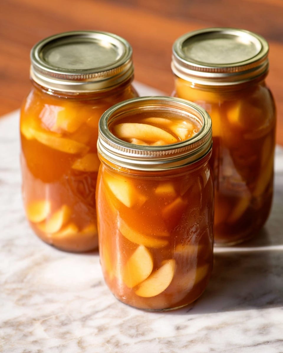 Three glass jars filled with sliced apples in a thick brown syrup are placed on a white marbled surface. The jars have silver lids, two of which are closed while one jar is open. The sliced apple pieces inside the jars are light cream to pale yellow, and they float in the glossy, amber-colored syrup that fills each jar almost to the top. The jars are arranged close to each other, casting soft reflections on the marbled surface. photo taken with an iphone --ar 4:5 --v 7