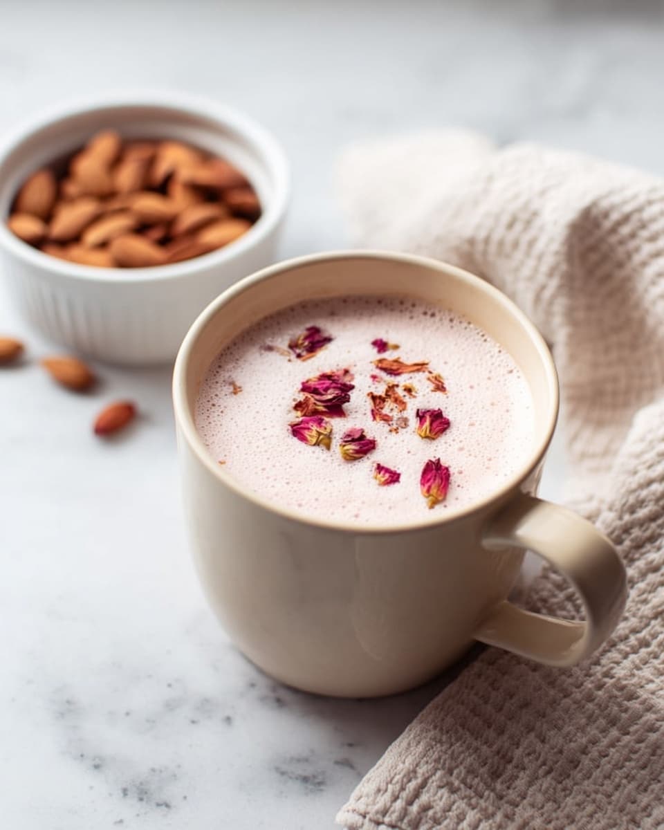 A cream-colored mug filled with a light pink frothy drink topped with small red and dried rose petals floating on the surface, placed on a white marbled surface. Behind the mug is a white ramekin bowl containing whole almonds, and to the right side, there is a soft, light beige waffle-textured cloth casually folded. The scene has soft natural lighting giving a clean and cozy feel. photo taken with an iphone --ar 4:5 --v 7