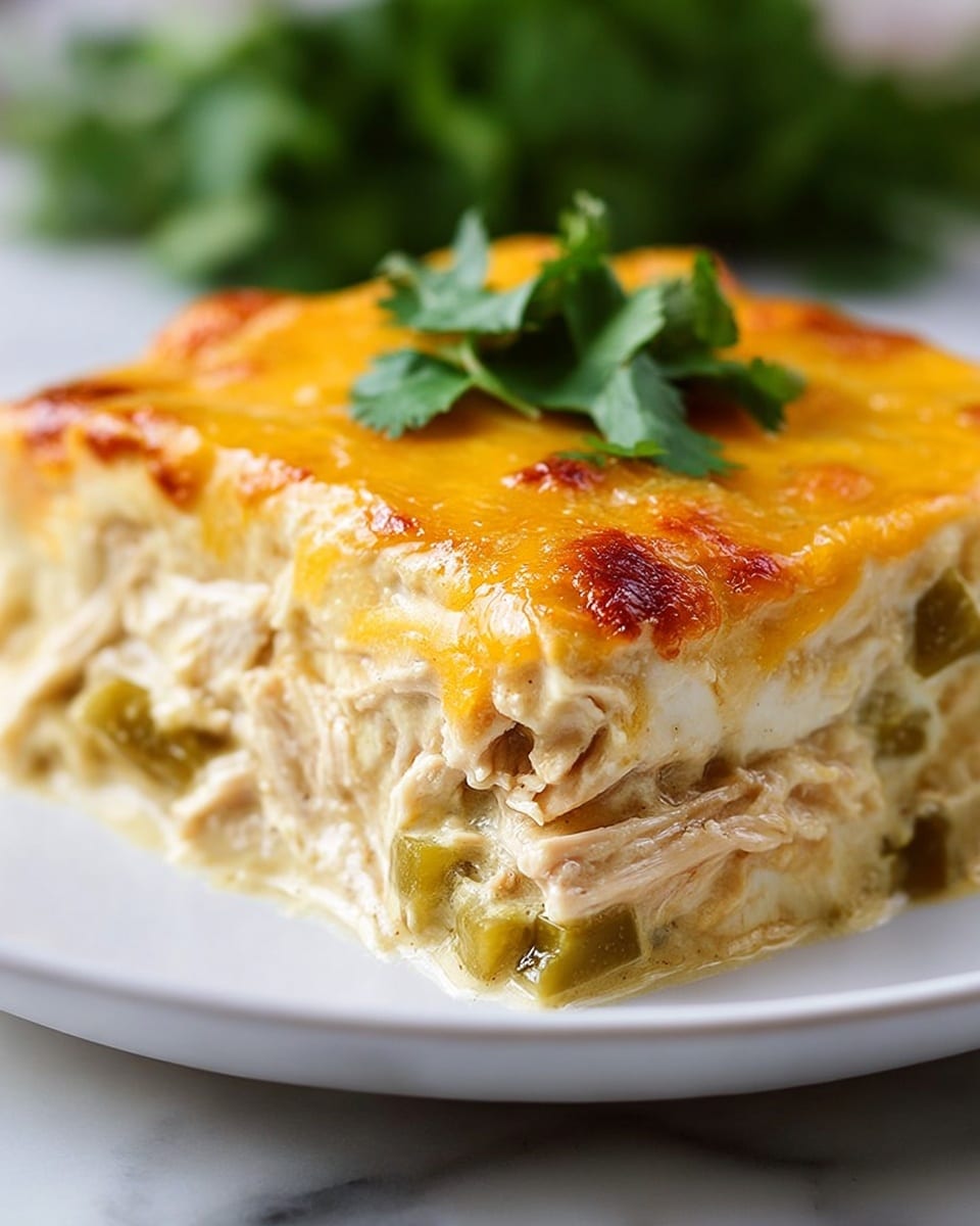 The image shows a close-up of a thick slice of creamy chicken enchilada on a white plate, placed on a white marbled surface. It has three visible layers: the bottom layer is tender shredded chicken mixed with small green pepper pieces in a creamy, pale yellow sauce, the middle layer looks soft and cheesy with a rich texture, and the top layer is golden melted cheddar cheese, slightly browned and bubbly. A small bunch of fresh green cilantro leaves sits on top as garnish. The background is softly blurred to keep focus on the dish. Photo taken with an iphone --ar 4:5 --v 7
