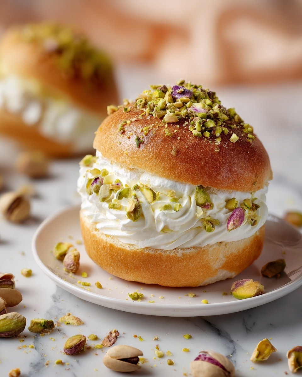 The image shows a close-up of a dessert with three visible layers on a white plate on a white marbled surface. The bottom layer is a golden-brown, crispy pastry with a slightly rough texture. Above it sits a thick, light green layer of smooth, creamy filling, probably pistachio flavored, sprinkled with small crushed green nuts on its top edge. On top of this is a thick swirl of white whipped cream in a soft, smooth texture. The top layer is another piece of the same golden-brown pastry dusted lightly with powdered sugar and topped with whole and sliced pistachio nuts. The background is softly blurred with warm light. photo taken with an iphone --ar 4:5 --v 7