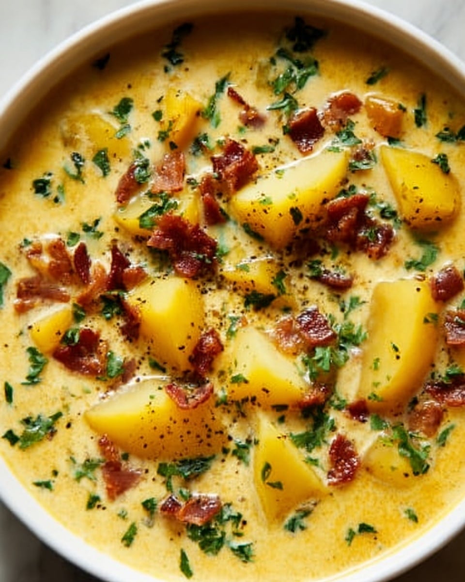 The image shows a close-up of a creamy soup in a white bowl, placed on a white marbled surface. The soup has a smooth yellow base with chunks of yellow potato pieces scattered on top. There are small bits of crispy brown bacon and green herbs sprinkled evenly across the soup, creating a colorful and textured look. The creamy broth looks thick and rich, filling the bowl almost to the top. Photo taken with an iphone --ar 4:5 --v 7