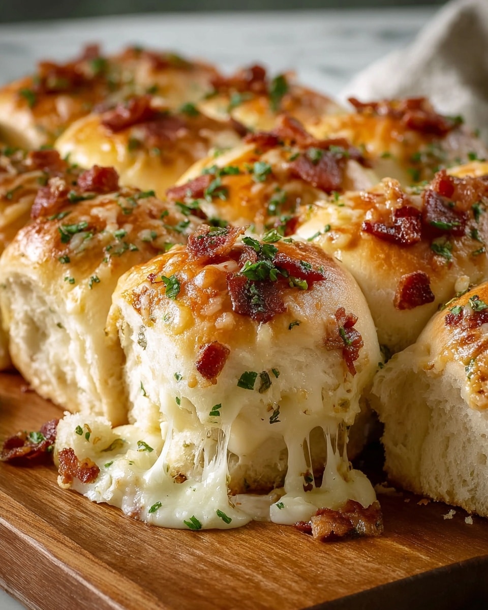 The image shows a close-up of soft baked garlic cheese pull-apart bread arranged on a wooden board with nine square pieces, one piece pulled out slightly forward. Each bread piece is topped with melted golden cheese that is bubbly and slightly browned, sprinkled with small bits of green herbs and crispy bacon pieces. The inside layer is filled with stretchy melted white cheese that pulls apart, showing the fluffy white bread beneath the cheese topping. The wooden board is placed on a white marbled surface. Photo taken with an iphone --ar 4:5 --v 7