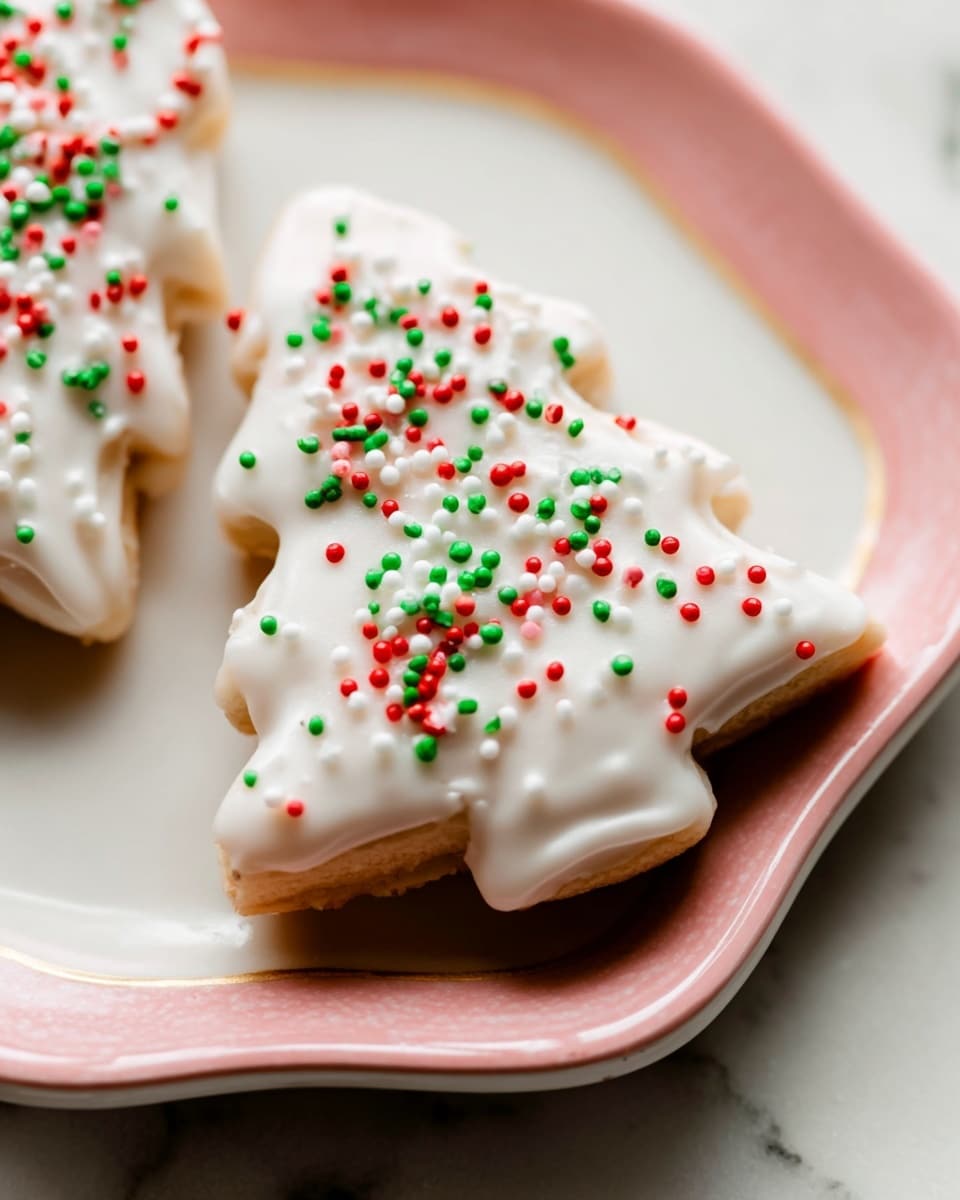 The image shows a close-up of a Christmas tree-shaped cookie covered in smooth white icing. The cookie has a slightly bumpy texture under the icing and is topped with small, colorful sprinkles in red, green, white, and light green scattered unevenly on the surface. The cookie rests on a white plate with a soft pink border that curves gently upwards. In the corner, part of another cookie with similar icing and sprinkles can be seen. The background features a white marbled texture, adding a clean and simple look. photo taken with an iphone --ar 4:5 --v 7