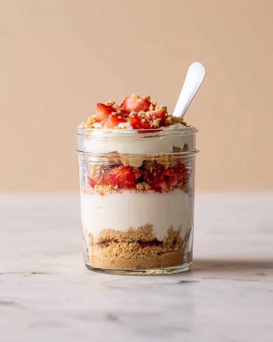 The image shows a clear glass cup filled with four distinct layers of dessert. The bottom layer is a light brown crumbly biscuit base, followed by a thick, creamy white layer. Above this is another crumbly biscuit layer, then a vibrant red layer of chopped strawberries. The top layer is a smooth white cream with small pieces of strawberries mixed in, garnished with two fresh strawberries, one halved and one whole, on top with a silver spoon sticking out. In the blurred background, there is a similar dessert glass and a piece of strawberry. The dessert is placed on a white marbled surface with some biscuit crumbs scattered around. photo taken with an iphone --ar 4:5 --v 7