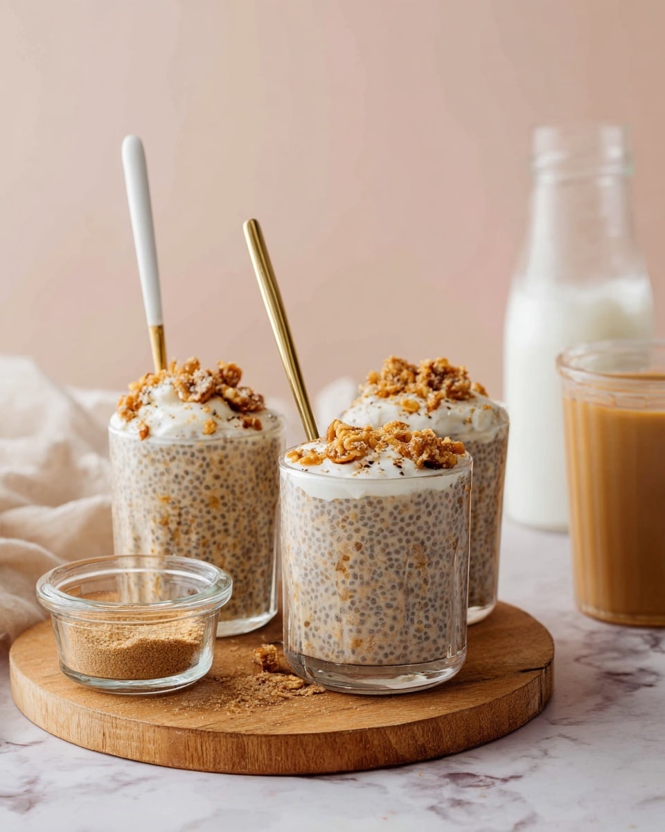 The image shows three clear glass cups filled with a creamy chia pudding that has a speckled texture from the chia seeds dispersed evenly throughout the pudding. Each cup is topped with a white creamy layer, sprinkled with crushed nuts and light brown crumbled topping. Two of the cups have long spoons; one golden and one white, sticking out from the top. These glasses rest on a round wooden board that also holds a small clear glass measuring cup filled with light brown powder. In the background, there is a tall clear glass containing a light brown drink and a clear glass bottle partially filled with white milk, all set against a soft pale pink backdrop with a white marbled surface underneath. photo taken with an iphone --ar 4:5 --v 7