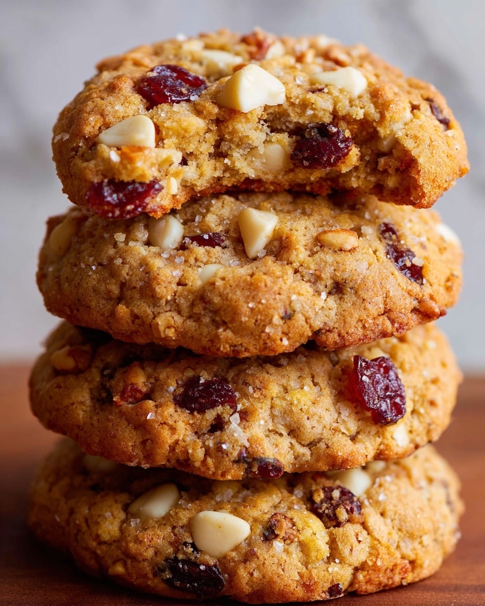 The image shows a close-up of a stack of four cookies on a white marbled surface. The cookies have a golden-brown color with visible small white chunks of nuts or white chocolate and dark red pieces of dried fruit evenly mixed throughout. The top cookie has a textured and slightly crumbly look with one bite taken out, revealing a soft and chewy inside with the same mix of white and red pieces. The cookies appear thick and homemade with a slightly crisp edge. Photo taken with an iphone --ar 4:5 --v 7