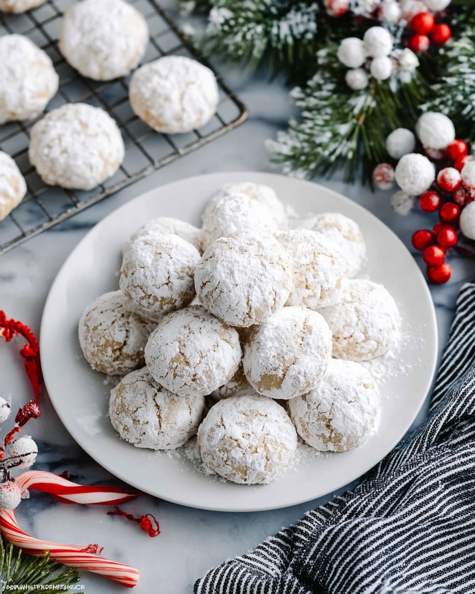 This image shows a pile of round snowball cookies covered in thick white powdered sugar. One cookie on top is cut in half, revealing a crumbly, light beige interior with small brown nut pieces inside. The cookies have a soft texture under the sugar coating and are stacked closely together. In the background, there are blurry red and black knit items on a white marbled surface. The photo taken with an iphone --ar 4:5 --v 7