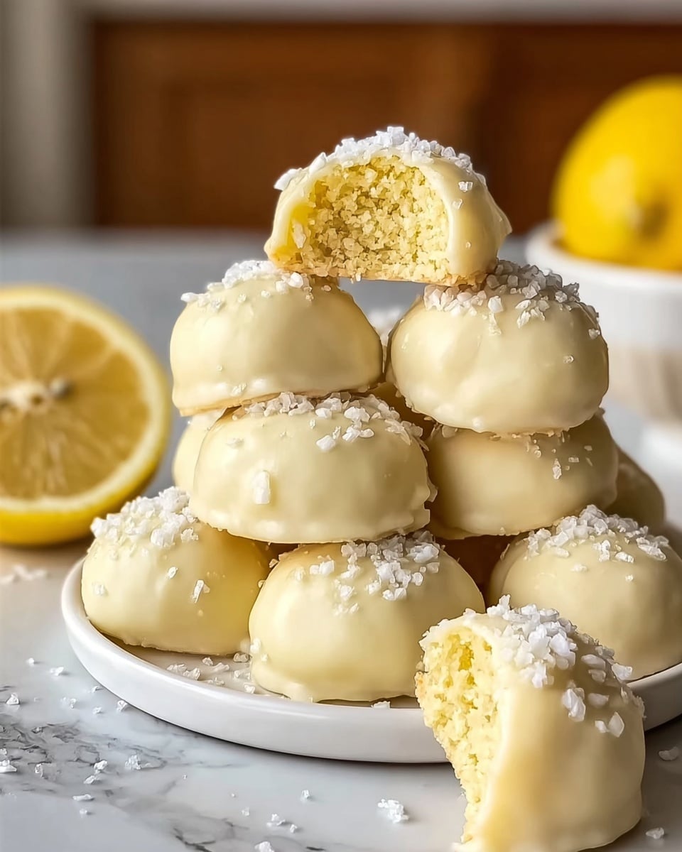 The image shows a pile of round lemon-flavored treats stacked on a white plate on a white marbled surface. Each treat is coated in smooth, pale yellow icing and topped with small white sugar crystals. The stack has about seven pieces visible, with one piece broken in half and placed on top, showing a soft, crumbly pale yellow inside. A sliced lemon is placed in the background, adding a fresh, bright touch. The lighting is warm and natural, highlighting the glossy texture of the icing and the sugary topping. photo taken with an iphone --ar 4:5 --v 7