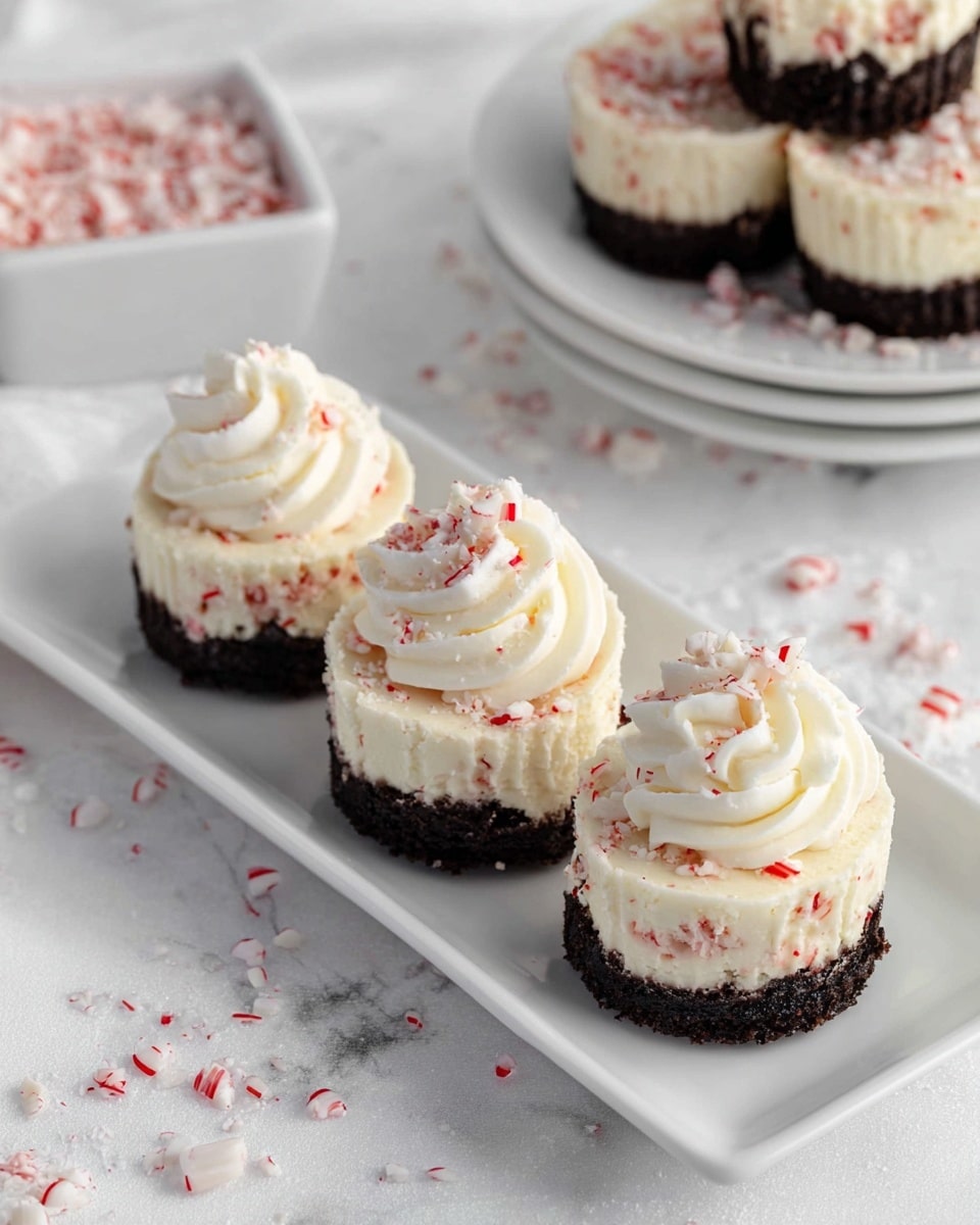 Three mini cheesecakes are placed side by side on a long white rectangular plate, each with three visible layers: a bottom dark chocolate cookie crust, a middle creamy white cheesecake layer with small red specks, and a top swirl of white whipped cream sprinkled lightly with crushed red peppermint pieces. The plate sits on a white marbled texture surface scattered with more small red and white crushed peppermint bits. In the background, a white square bowl filled with crushed peppermint is visible, along with a white round plate holding more mini cheesecakes stacked in a neat pile. Photo taken with an iphone --ar 4:5 --v 7