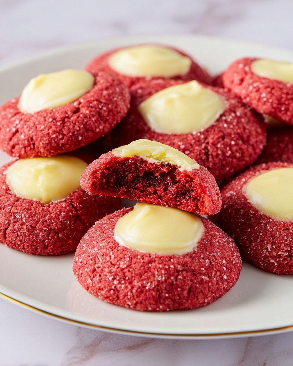 Six red thumbprint cookies with a rough texture and powdered sugar dusting are arranged on a white plate with a thin gold rim. Each cookie has a smooth, pale yellow cream filling in the center, forming a small round layer on top of the red base. The cookies are placed closely together, and the plate rests on a red textured cloth with soft light pink fabric slightly visible in the background. The whole scene is set against a white marbled surface. photo taken with an iphone --ar 4:5 --v 7