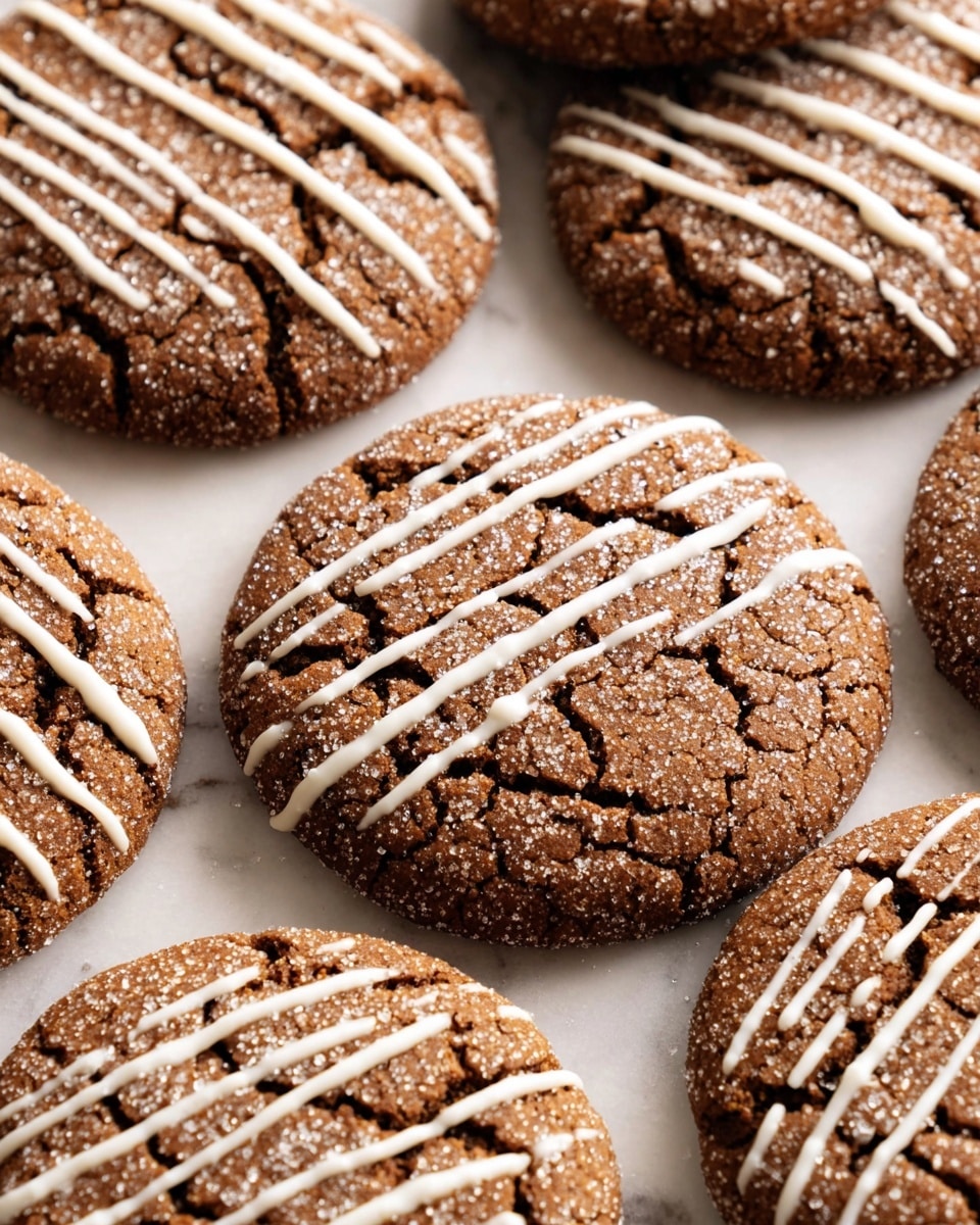Eight round cookies with a cracked dark brown surface are placed on white parchment paper over a white marbled texture. Each cookie is decorated with thin diagonal lines of light beige icing that run across the top. The cookies have a rough, sugary texture that sparkles slightly. On the left side, there is a white ridged bowl filled with white granulated sugar. Some cinnamon powder is sprinkled lightly on the parchment paper near the cookies. Photo taken with an iphone --ar 4:5 --v 7