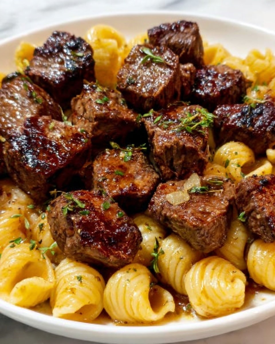 This image shows a close-up view of a white bowl filled with small, ridged, cream-colored pasta shells as the bottom layer, coated lightly with a glossy sauce. On top, there are several evenly distributed seared beef cubes with a rich brown color and slightly charred edges. Tiny pieces of fresh green herbs are sprinkled over both the beef and the pasta. The dish is presented on a white marbled surface. photo taken with an iphone --ar 4:5 --v 7