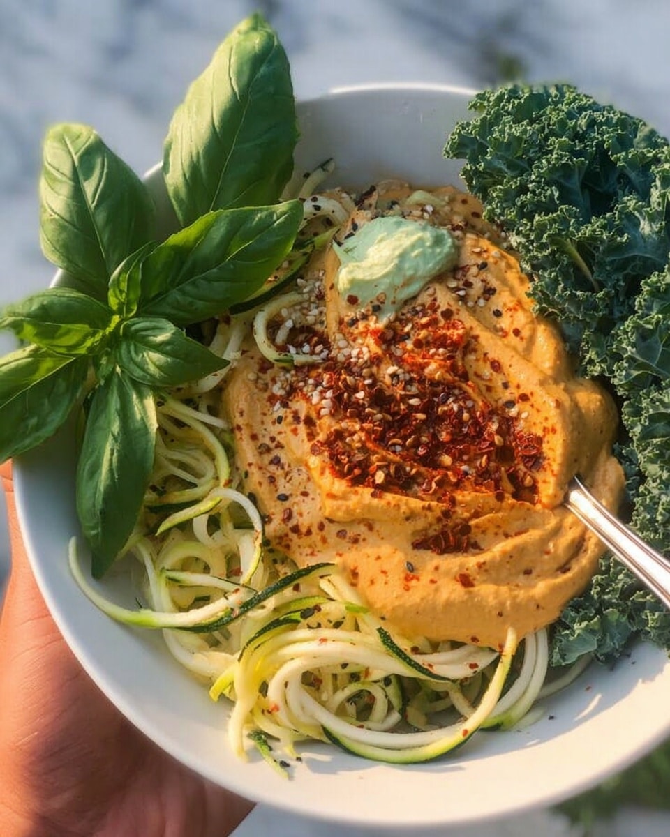 A white bowl filled with spiralized noodles made from white and yellow vegetables, topped with a bright orange creamy sauce sprinkled with red spices. On top, there are fresh green kale leaves and basil leaves, along with small green herb pieces and tiny lavender-colored seeds. A silver fork is partially dipped into the dish, and a woman's hand is holding the bowl from the left side. The bowl sits on a white marbled surface with soft natural light casting shadows. Photo taken with an iphone --ar 4:5 --v 7