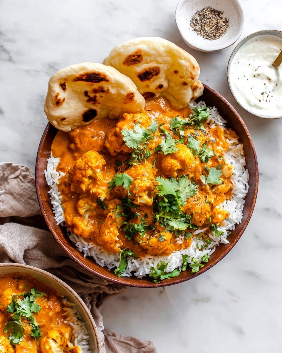 The image shows a white bowl filled with three layers: the bottom layer is fluffy white rice, the middle layer is orange cauliflower curry with visible spices and herbs in a creamy sauce, and the top layer has fresh green cilantro leaves scattered over the curry. On the right side of the bowl, two pieces of toasted flatbread with brown char marks sit leaning inside the bowl. The bowl is placed on a white marbled surface, with part of a small brown plate with mixed black and white pepper and a bowl of white sauce visible nearby. The lighting is bright and natural, highlighting the rich colors and textures of the dish. photo taken with an iphone --ar 4:5 --v 7