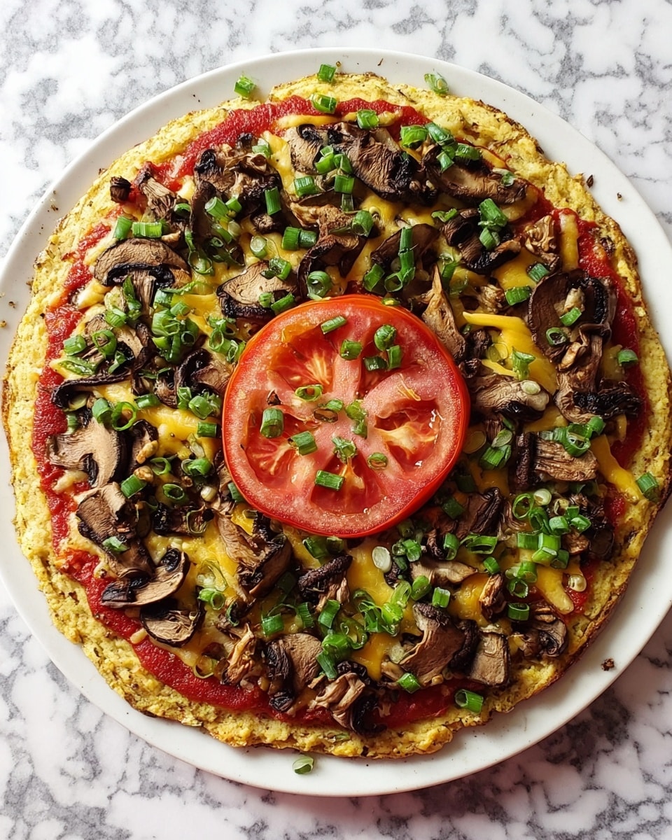 The image shows a raw vegan pizza with a thick, grainy crust that looks like it is made from nuts or seeds, topped with a smooth red tomato sauce spread evenly over the base. On top of the sauce, a layer of yellow zucchini cheese is scattered in rough shreds, with several pieces of dark brown sautéed mushrooms and chopped green vegetables spread throughout. There is a single slice of red tomato with a small dollop of green zucchini cheese in the center, giving the pizza a colorful focal point. The pizza is placed on a white marbled textured surface. photo taken with an iphone --ar 4:5 --v 7