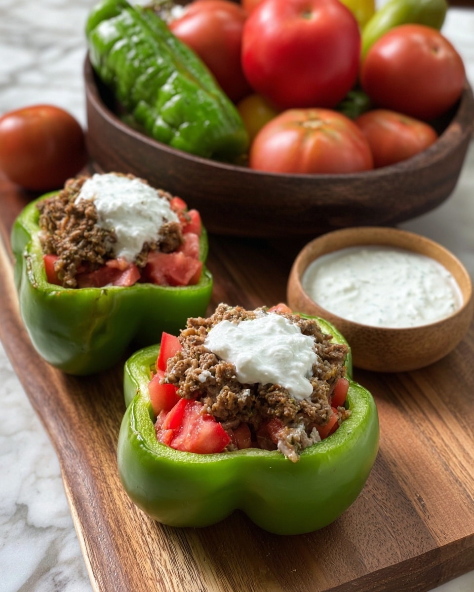 The image shows two green bell pepper halves on a wooden board, each filled with three layers: the bottom layer is brown ground meat, the middle layer is bright red chopped tomatoes, and the top layer is a dollop of white sour cream. To the left, there is a whole green bell pepper and a small orange tomato. On the right side of the board, a white bowl with red chili peppers and orange tomatoes sits near a small wooden square dish holding extra white sour cream. The background is a white marbled texture. photo taken with an iphone --ar 4:5 --v 7