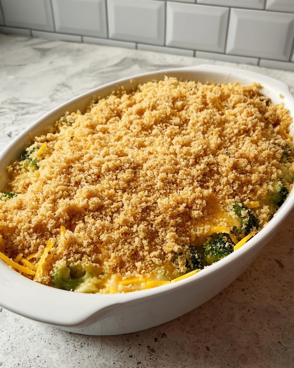 A white oval baking dish filled with a three-layer casserole: the bottom layer is a mix of green vegetables, possibly broccoli, partially visible around the edges; the middle layer is grated yellow cheddar cheese scattered unevenly; the top layer is a thick, crumbly light brown breadcrumb topping spread evenly across the dish. The dish sits on a white marbled textured surface with a tiled wall in the background. photo taken with an iphone --ar 4:5 --v 7
