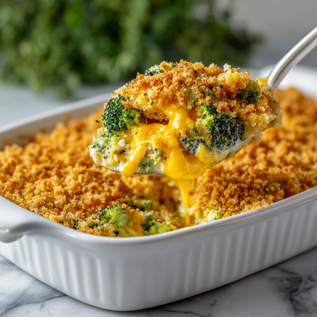 A white baking dish filled with a broccoli cheddar casserole topped with a thick, golden-brown crumb layer that looks crispy and textured. Below the crumb topping, visible green broccoli florets mix with melted bright yellow cheddar cheese, creating a creamy, slightly chunky filling with bits of cheese melting unevenly. A white spoon lifted above the dish holds a scoop showing the crumb top, cheese melted around the broccoli, and a creamy sauce binding the ingredients together. The background is blurred greenery, and the dish rests on a white marbled surface. Photo taken with an iphone --ar 4:5 --v 7