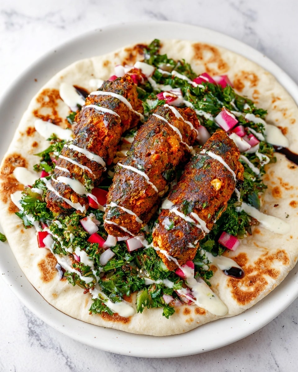 A white flatbread sits on a white plate with light toasty brown spots scattered unevenly on its surface. On top of the flatbread, there are three golden-brown, crispy, seasoned falafel-like sticks with hints of green herbs visible inside. The falafel sticks are drizzled with thin lines of creamy white sauce and a dark glossy sauce. Around and partially under the falafel, there is a fresh salad made of chopped green parsley, small red and white radish pieces, and bits of red onion, adding bright green and pink colors. The whole dish is placed on a white marbled surface. photo taken with an iphone --ar 4:5 --v 7
