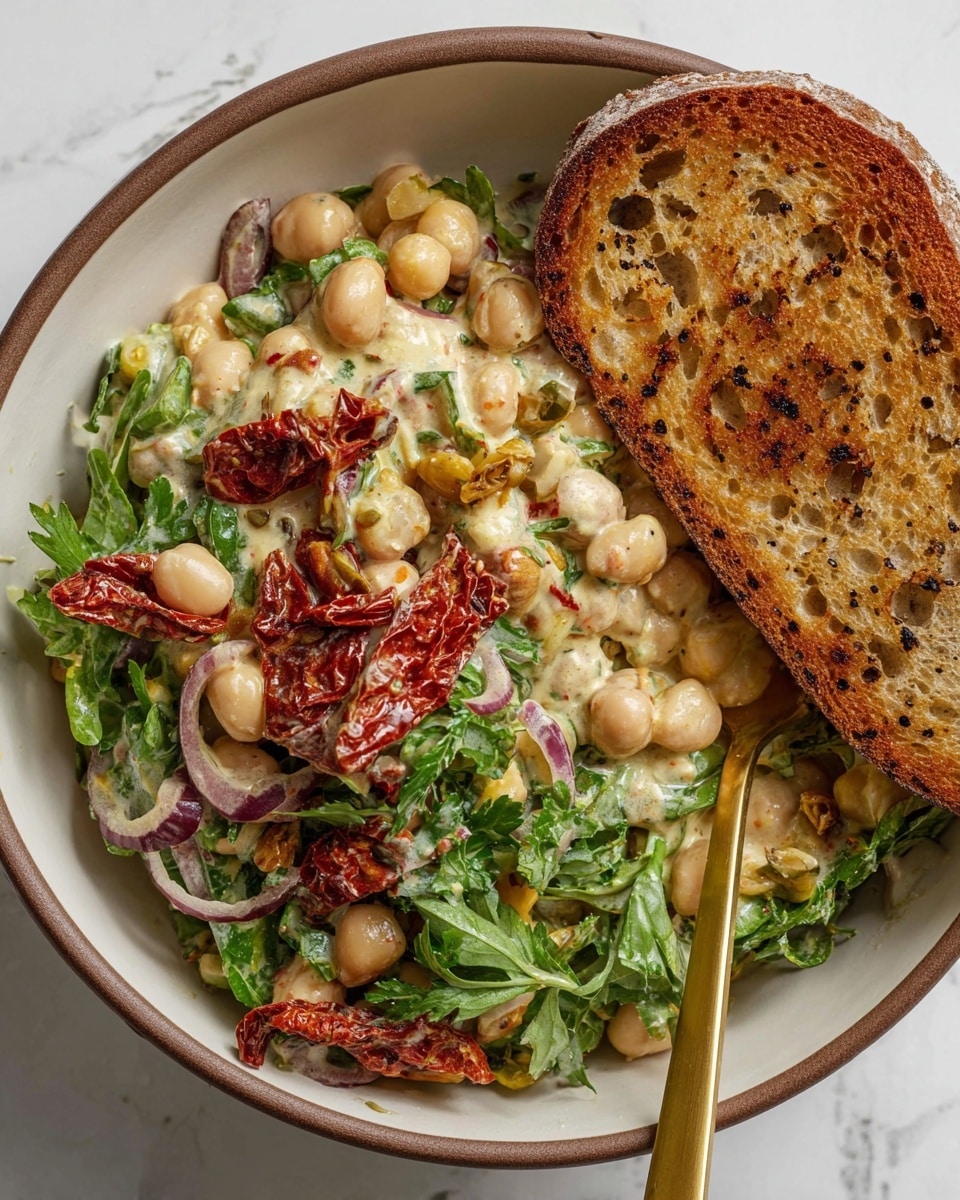 A white bowl with a brown rim holds a mixed bean salad and a slice of toasted bread on the right side. The salad has three main layers: the bottom layer shows white beans and chickpeas in a light creamy dressing, the middle layer is made of green leafy parsley and thin slices of red onion, and the top layer contains sun-dried tomatoes adding dark red spots with a slightly wrinkled texture. The toasted bread is golden brown with visible seeds and a crunchy texture. A gold spoon stands vertically on the right side in the bowl and the background features a white marbled texture. photo taken with an iphone --ar 4:5 --v 7