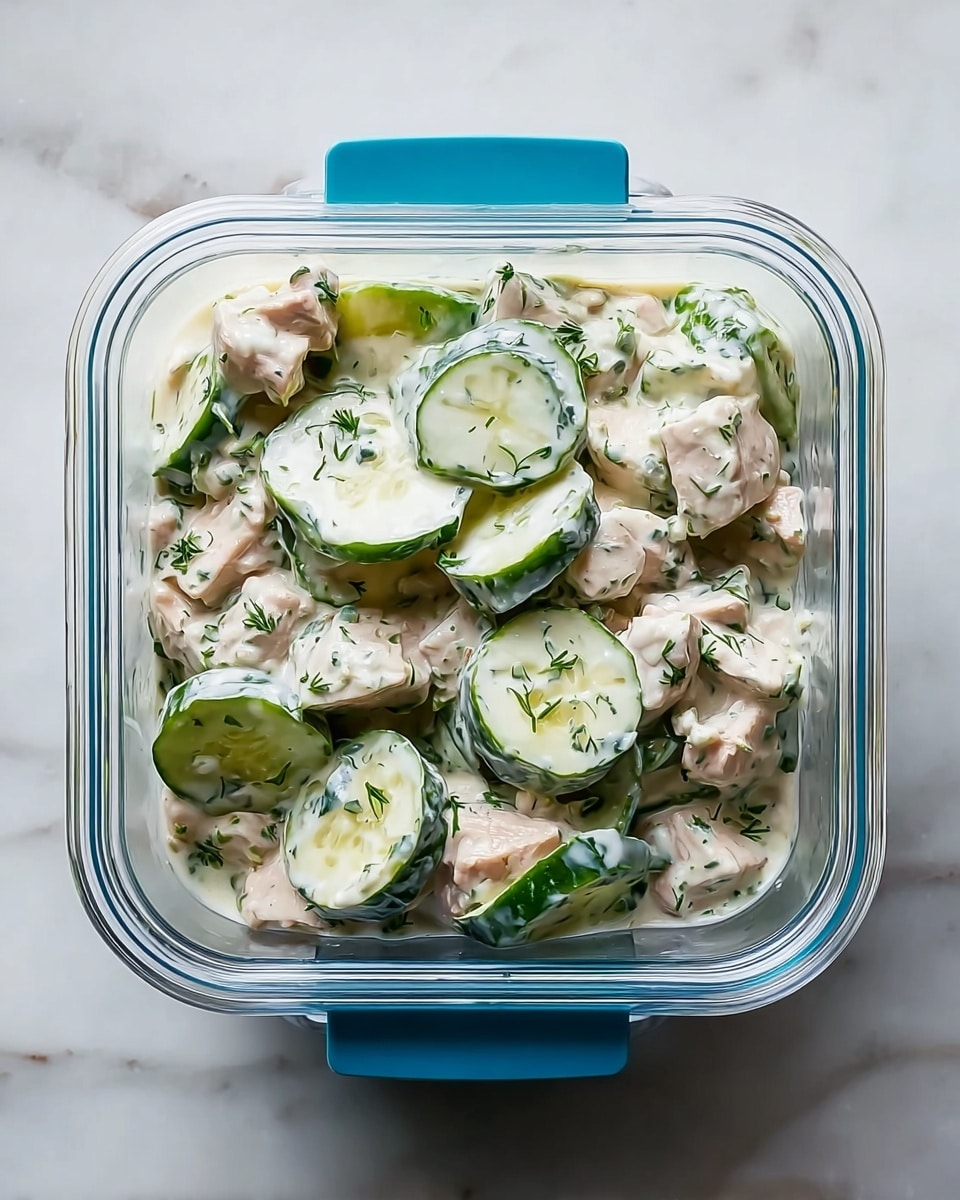 A clear square glass container holds a fresh salad with three visible layers: large light green cucumber slices with dark green edges on top, small chunks of pale white chicken pieces underneath, and small bits of red onion and green herbs mixed throughout. The salad is covered in a creamy white dressing with herbs that add specks of green. A silver fork is stuck into the salad near the top right, with a woman's hand holding it. The background is a white marbled surface. Photo taken with an iphone --ar 4:5 --v 7
