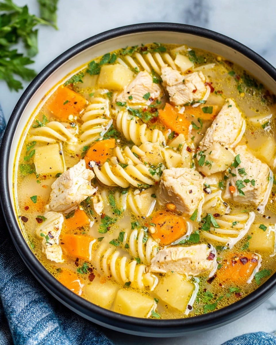 The image shows two top views of a black cooking pot with red handles sitting on a white marbled surface. The pot contains a light brown soup with visible chunks of orange carrots, light yellow potatoes, and some small green herbs. In the first view, uncooked spiral pasta is placed on top of the soup in the center. In the second view, the soup surface is fully covered with chopped fresh green parsley, making the dish look fresh and vibrant. The soup has a slightly thick texture with herbs scattered throughout. Photo taken with an iphone --ar 4:5 --v 7