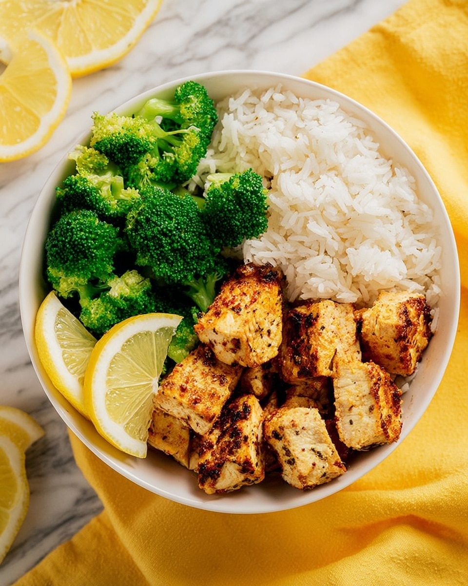 A white bowl holds a colorful meal arranged in three sections on a white marbled texture. One section has bright green broccoli florets, fresh and vibrant. The next section contains fluffy white rice with visible grains. The largest section features several pieces of golden-brown grilled chicken, seasoned and slightly charred with a crisp texture. Two lemon wedges with a pale yellow color rest on the side of the rice. The background is covered with a warm yellow cloth. Photo taken with an iphone --ar 4:5 --v 7