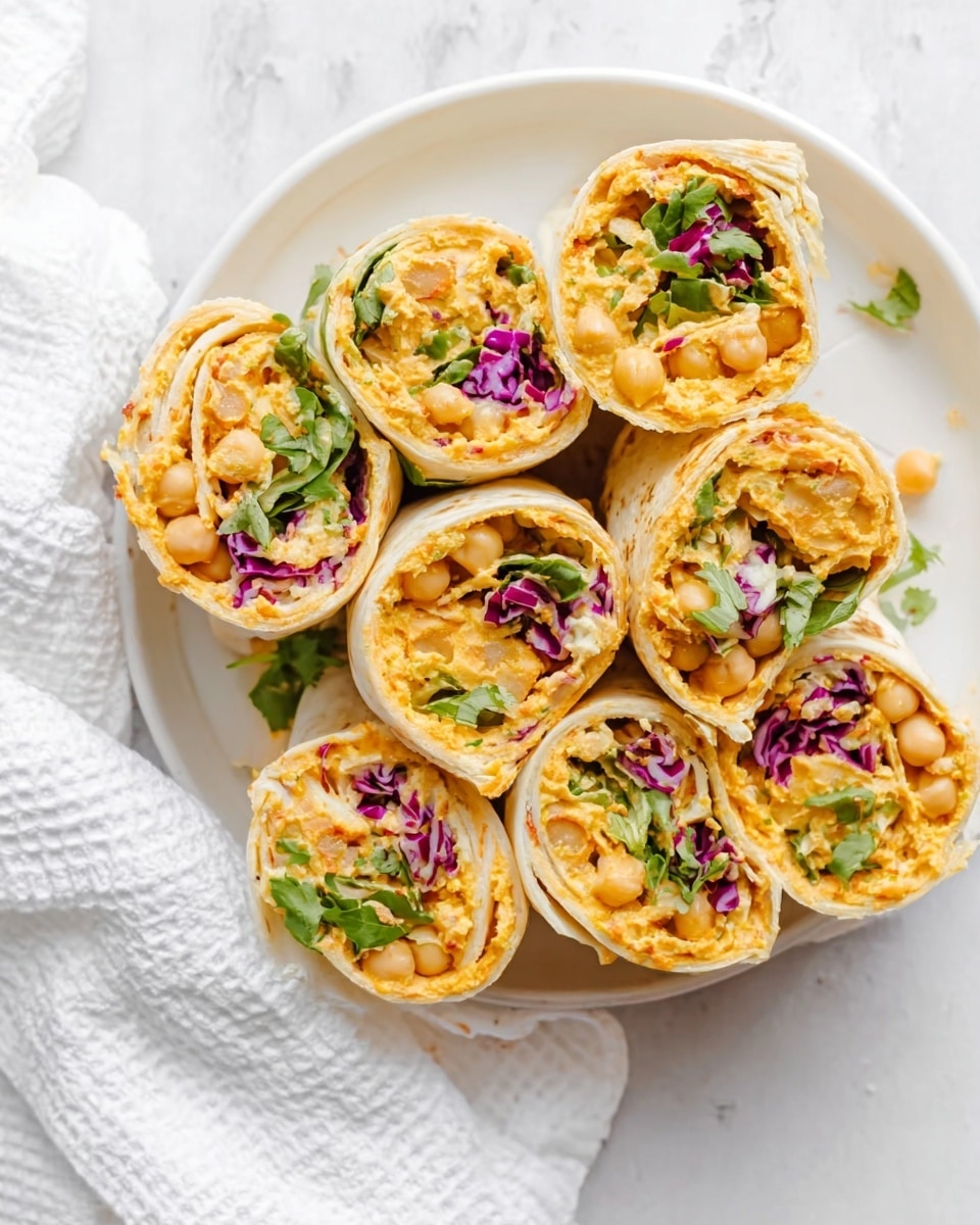 Six wraps are cut in half so you see the inside. Each wrap has a soft, light yellow tortilla. Inside, there is a layer of orange hummus or spread at the bottom, with light brown chickpeas scattered on top. There are small pieces of purple cabbage and green leafy herbs, possibly cilantro, sprinkled throughout. The wraps are on a white plate sitting on a white marbled surface with a white cloth nearby. The photo taken with an iphone --ar 4:5 --v 7