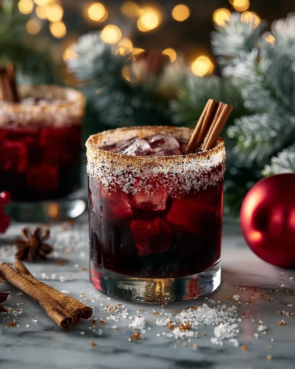 A clear short glass filled with a dark red drink layered with ice cubes inside, frost on the outside, and a rim coated with white sugar mixed with brown spice granules. Two brown cinnamon sticks stand upright from the drink in the center. The glass sits on a white marbled surface sprinkled with coarse white sugar crystals and spices. In the background, there are blurry holiday lights, a frosted green pine branch, and a shiny red round ornament. Another similar glass is out of focus further behind. photo taken with an iphone --ar 4:5 --v 7