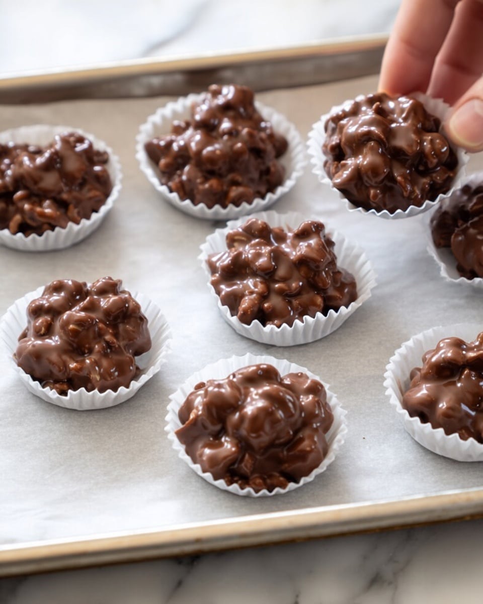 The image shows seven small chocolate clusters placed on white cupcake liners, each cluster composed of a base layer of mixed nuts coated thickly in glossy milk chocolate, giving a bumpy and slightly uneven texture. The chocolate covers the nuts completely, creating a shiny, rich brown surface with visible nut shapes under the smooth chocolate layer. The clusters are laid out on a sheet of parchment paper on top of a metal tray, with the white marbled texture visible around the tray edges. A woman's hand reaches in from the top right corner, about to pick up one cluster. photo taken with an iphone --ar 4:5 --v 7