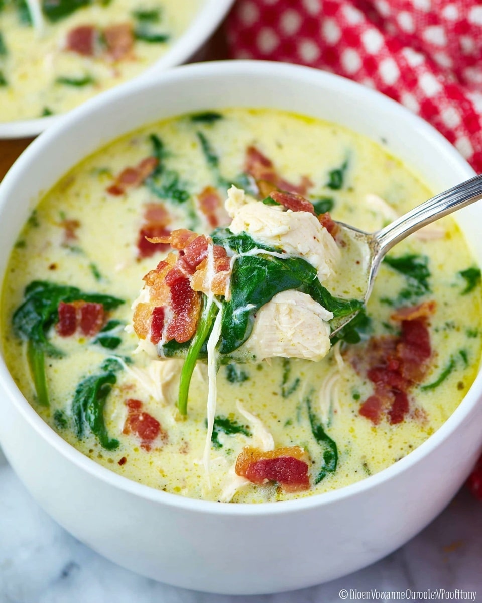 A close-up view of a creamy soup in a white bowl, showing three main layers: a yellowish creamy broth forming the base layer with a smooth texture, chunks of cooked chicken in a pale off-white color scattered throughout the middle layer, and fresh green spinach leaves and small pieces of browned bacon floating on top as the final layer. A metal spoon holding a scoop of the soup, filled with all three layers, is held above the bowl by a woman's hand. The bowl is placed on a white marbled surface with another white bowl partially visible in the background. photo taken with an iphone --ar 4:5 --v 7