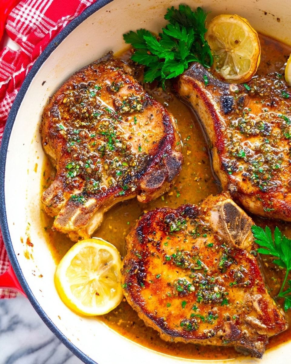 The image shows a white pan filled with four browned pork chops stacked slightly on top of each other, each chop having a crispy and well-seasoned surface with pepper and herbs sprinkled. The top chop is the main focus, showing a golden-brown crust with some darker char spots and visible seasoning. Around the chops are bright yellow lemon wedges tucked in and fresh green parsley leaves adding a pop of color. The pan has a small amount of light brown sauce pooling at the bottom, adding shine and moisture to the dish. The background is a white marbled texture. Photo taken with an iphone --ar 4:5 --v 7