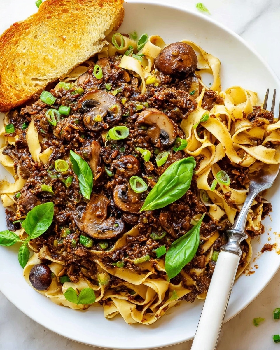 A close-up of a white plate holds a serving of pasta with a dark brown chunky meat sauce mixed in thickly with flat fettuccine noodles. The sauce is rich and textured with visible bits of minced meat and small finely chopped vegetables. There are cooked whole brown mushrooms scattered on the left side of the plate, along with fresh bright green basil leaves adding contrast. Thin slices of green onion are sprinkled on top, giving a fresh pop of color. A knife with a light cream handle rests on the right side, partially covered by the pasta. The plate sits on a white marbled surface with a piece of bread in the upper right corner. photo taken with an iphone --ar 4:5 --v 7
