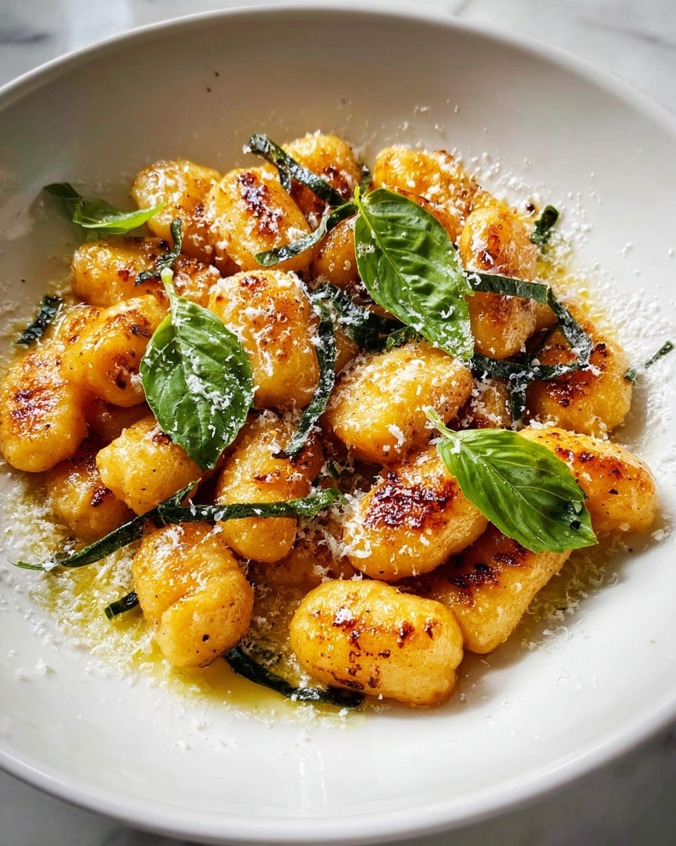 This image shows a white bowl filled with golden brown gnocchi pieces that have a slightly crispy texture and light charring on the edges. The gnocchi sit in a shallow layer of melted butter or oil that glistens beneath them. Scattered on top are small, thin dark green basil strips and two whole bright green basil leaves, adding fresh contrast. A light dusting of finely grated white cheese is sprinkled over the gnocchi and greens, giving a speckled effect. The background is a white marbled surface. photo taken with an iphone --ar 4:5 --v 7