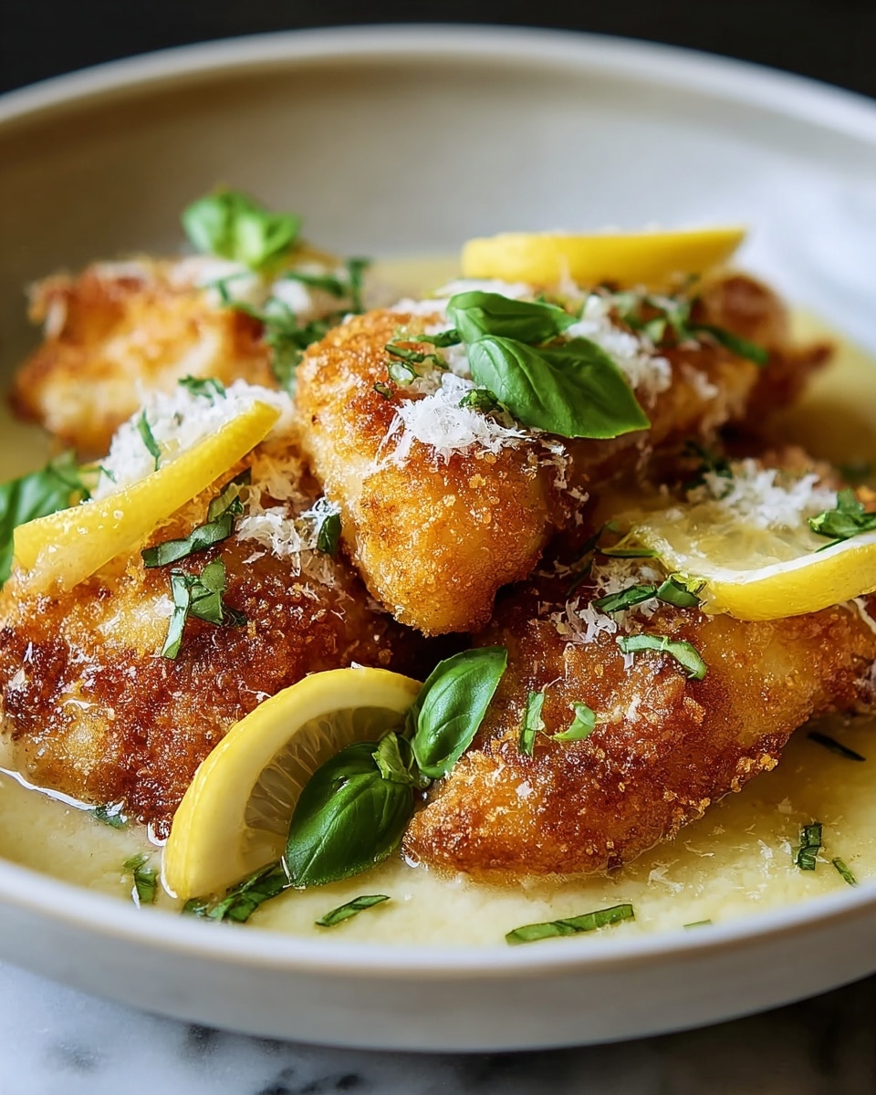 The image shows a close-up of three pieces of golden-brown crispy fried fish, each piece topped with a light dusting of white grated cheese and small green herb leaves. Thin slices of bright yellow lemon are placed on top and between the fish pieces, with fresh green basil leaves adding a pop of color. The fish sits in a light creamy sauce with a slightly oily texture visible at the bottom, all served in a shallow white bowl on a white marbled surface. photo taken with an iphone --ar 4:5 --v 7