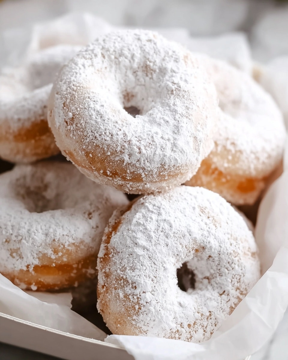 The image shows a close-up of several round doughnuts with a hole in the center, stacked partially on top of each other inside a white container lined with white paper. Each doughnut is fully covered with a thick layer of white powdered sugar, giving them a soft, fluffy look. The doughnuts have a light golden-brown color visible through the sugar in some spots, and their texture appears slightly rough underneath the sugar layer. The background is a white marbled texture. photo taken with an iphone --ar 4:5 --v 7