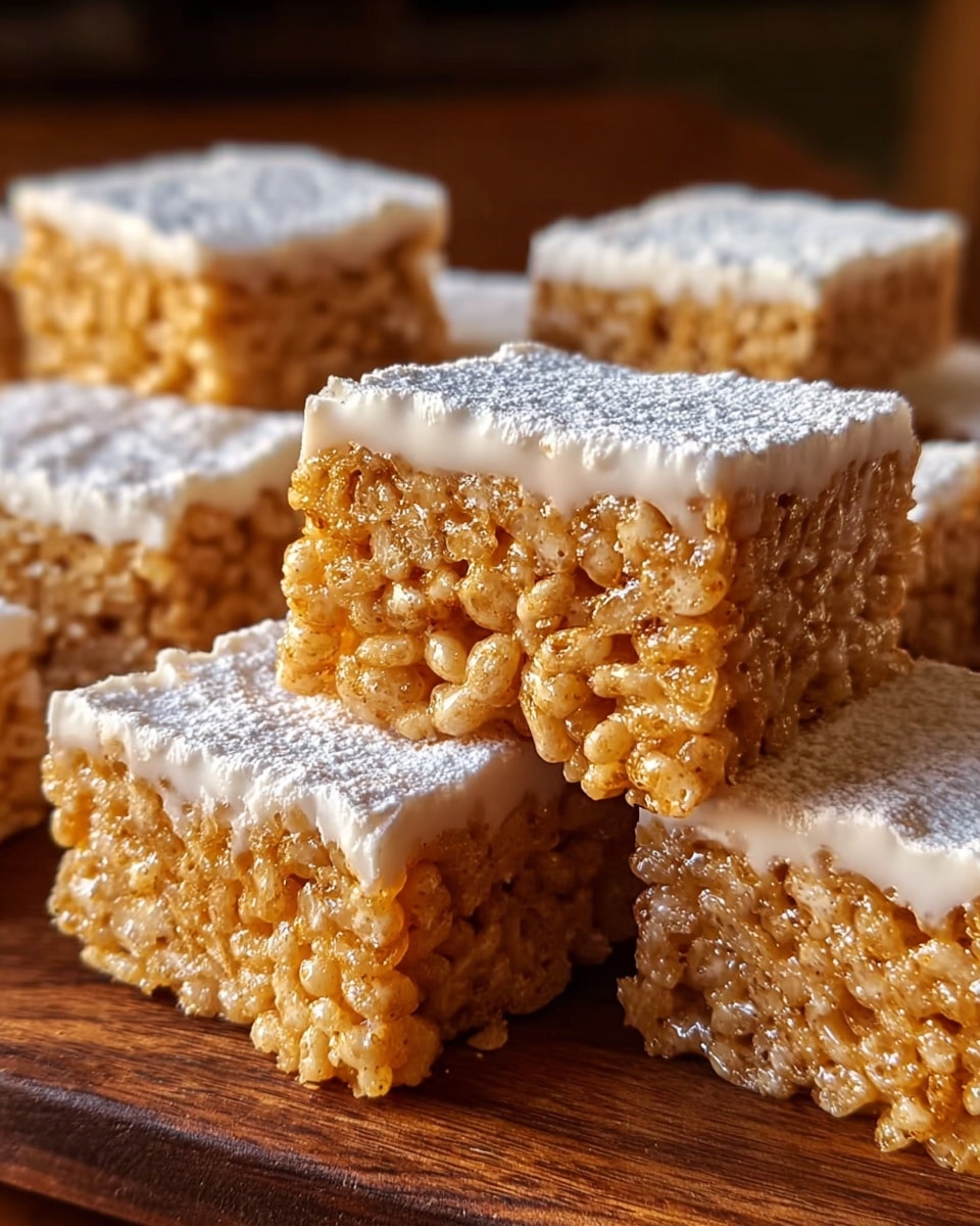 The image shows several crispy rice treats stacked close together on a wooden surface. Each treat has two layers: a bottom thick layer made of golden crispy rice grains bound together with a shiny, sticky substance, and a thin top layer of white icing that looks smooth and slightly glossy. A light dusting of powdered sugar covers the top, adding a soft texture. The treats are cut into neat square shapes, and they fill the frame with a shallow depth of field, focusing mainly on the front pieces. The background is blurred with soft light. Photo taken with an iphone --ar 4:5 --v 7