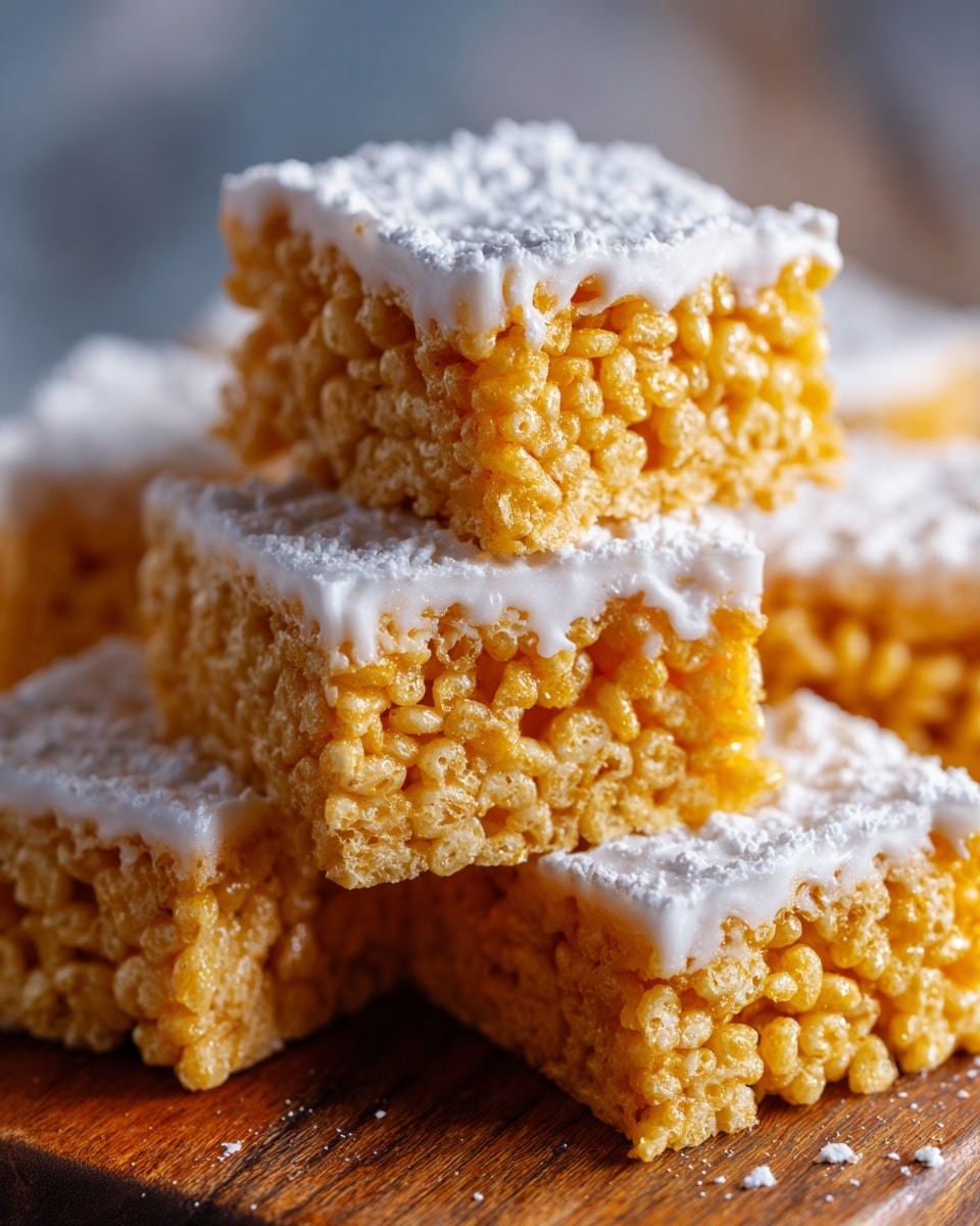 The image shows several rectangular crispy rice treats stacked closely together on a wooden surface, each having two distinct layers; the bottom layer is made of golden, puffed rice cereal coated with a sticky, translucent syrup that gives it a glossy texture, while the top layer is a smooth, white coating, likely white chocolate or icing, dusted lightly with powdered sugar that adds a soft, powdery touch. The treats are neatly cut with clean, sharp edges and are arranged in rows, filling the frame with a warm, inviting look. photo taken with an iphone --ar 4:5 --v 7