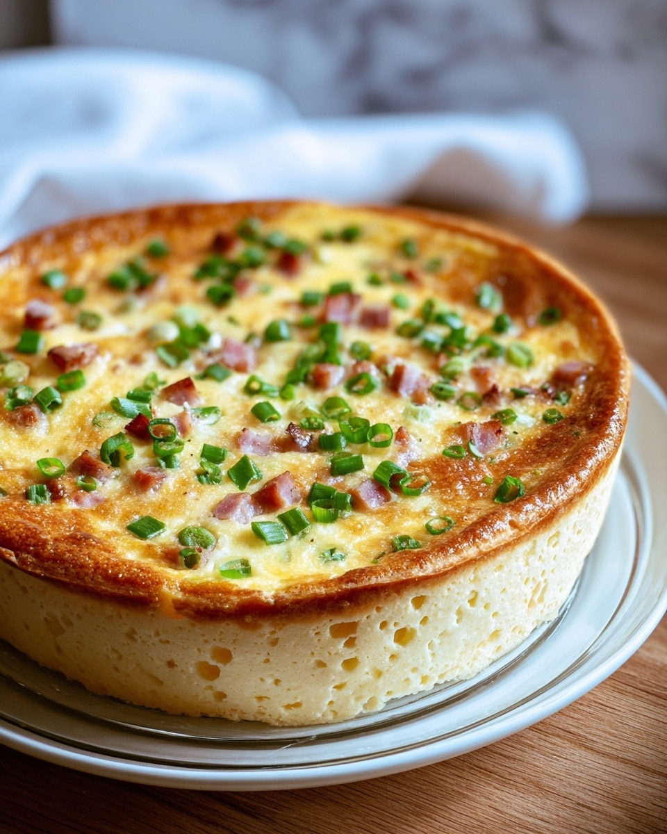 A thick, round quiche with a golden brown crust and a creamy, light yellow filling sits on a white plate with a clear glass rim. The top layer is studded evenly with small green onion slices and bits of cooked ham, adding specks of green and pink color. The filling has a smooth, slightly fluffy texture with a light shine, and the crust looks soft but firm, with a pale beige color and small air holes. The plate is set on a wooden surface with a blurred white marbled texture background, creating a cozy and fresh look. Photo taken with an iphone --ar 4:5 --v 7