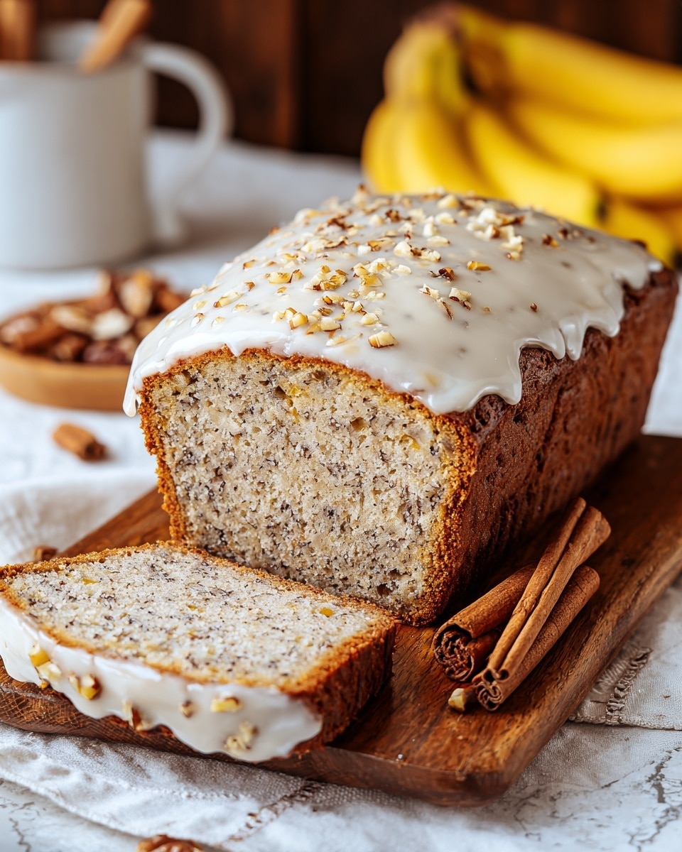 A loaf of nut-filled bread sits on a wooden board with a single thick slice cut at the front left side. The bread has a light beige crumb dotted with small dark nut pieces and a darker brown crust. The top is covered with a smooth, glossy white icing that drips slightly over the edges, sprinkled with crushed nuts. To the right of the board, there are several brown cinnamon sticks. The scene has blurred bananas in the background, and the board is placed on a white cloth over a white marbled textured surface. photo taken with an iphone --ar 4:5 --v 7