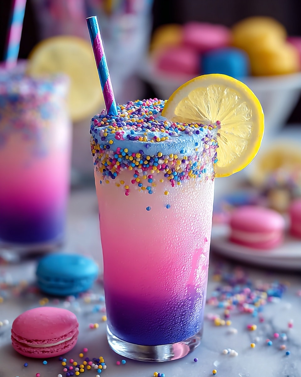 A tall clear glass filled with a three-layered colorful drink, the bottom layer is bright pink, the middle is deep purple, and the top is light pink with a layer of blue cream on the very top. The surface of the blue cream is covered in small, round, multicolored sprinkles. A bright yellow slice of lemon rests on the rim of the glass, and a shiny blue and pink striped straw stands upright in the drink. The glass has condensation drops, making it look cold, and is placed on a white marbled surface scattered with more colorful sprinkles and pink and blue round macarons in the background. Another similar drink is blurred in the back. photo taken with an iphone --ar 4:5 --v 7