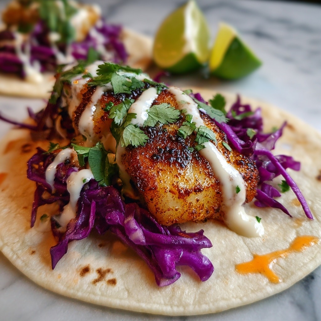 Three small grilled tortillas with charred edges are laid out on a white tray over a white marbled texture. Each tortilla has three main layers: a base of bright purple shredded cabbage mixed with thin orange carrot strips, a middle layer of crispy golden-brown seasoned fish chunks, and a top layer of creamy light beige sauce drizzled unevenly. Fresh green cilantro leaves are sprinkled over the tortillas and tray, with three lime wedges placed near the top right and bottom right corners of the tray. The overall look is vibrant with contrasting colors and textures. photo taken with an iphone --ar 4:5 --v 7
